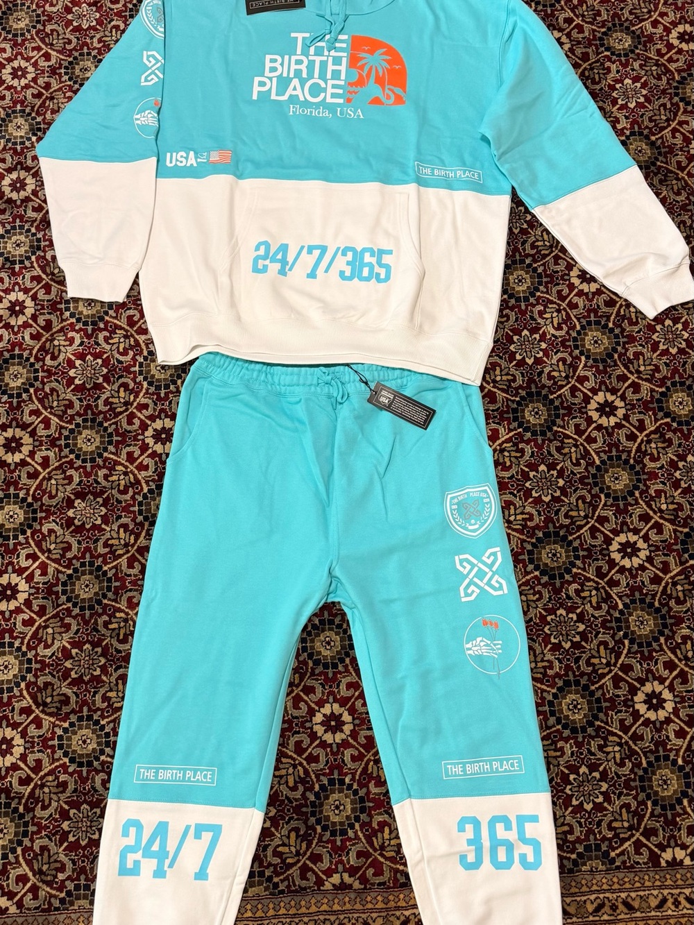 The Birth Place Teal & White Hoodie + Jogger Set